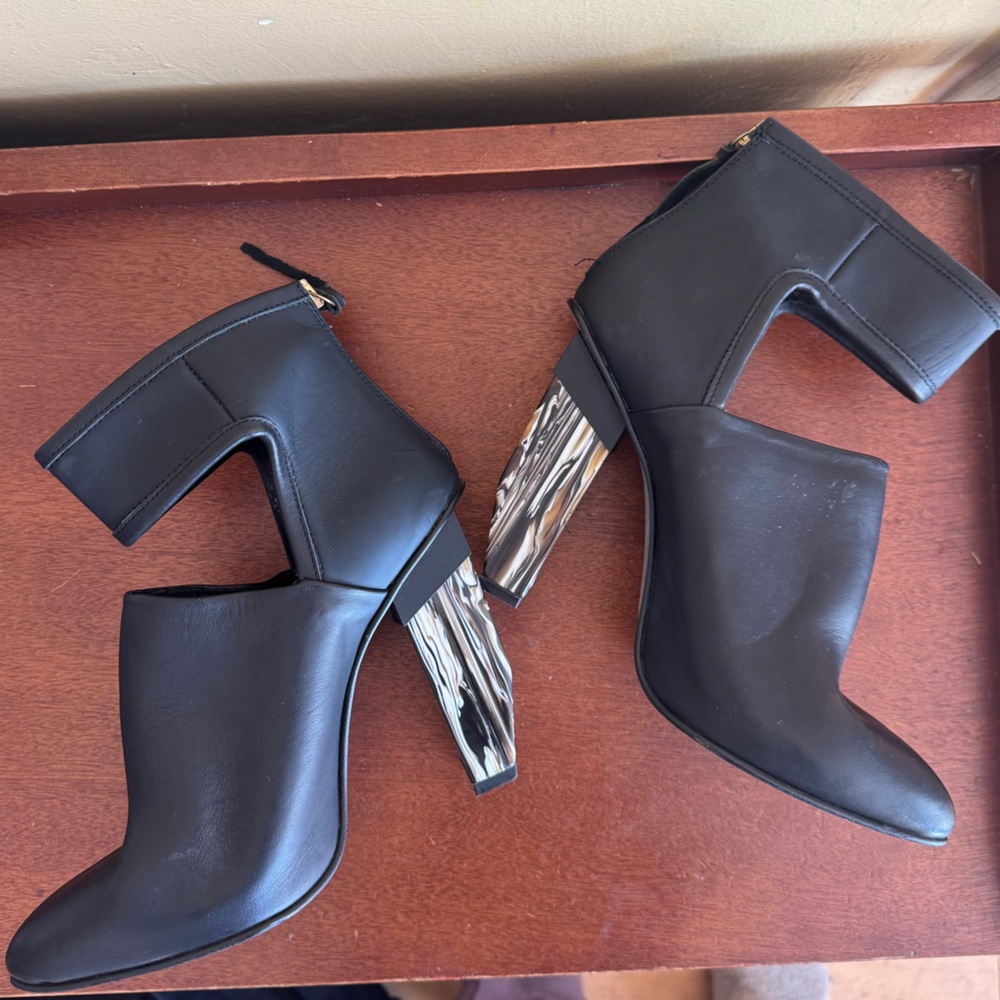 Miista Black Ankle Heeled Boots with Patterned Metallic Heels